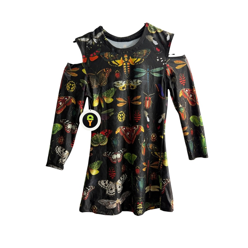 Yoga Democracy Buggin Out Cold Shoulder Top Womens Small Black Insect Butterfly